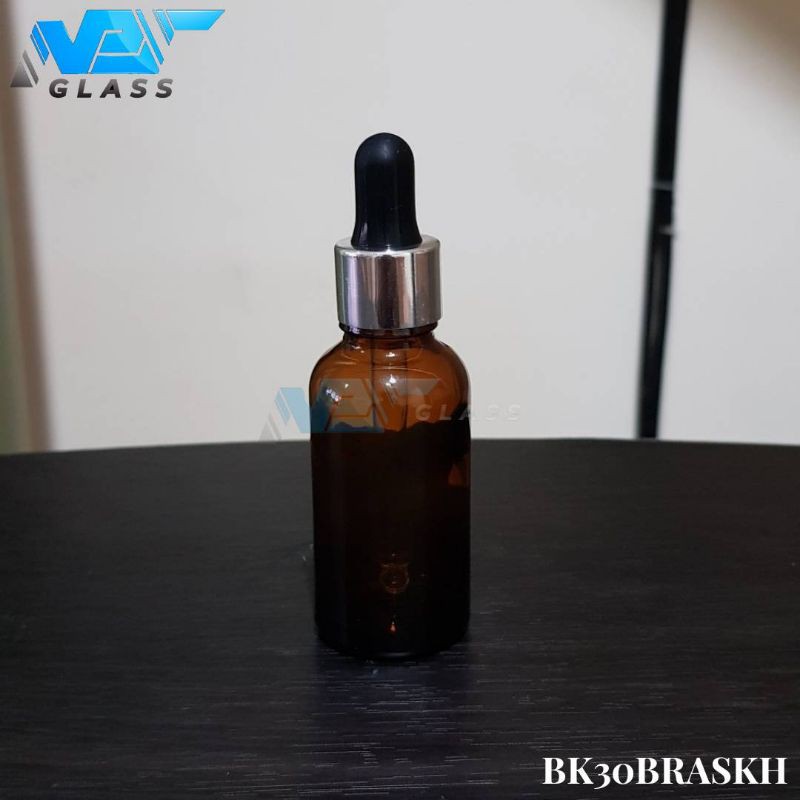 botol kaca pipet 30ml coklat / amber tebal - ring almunium silver