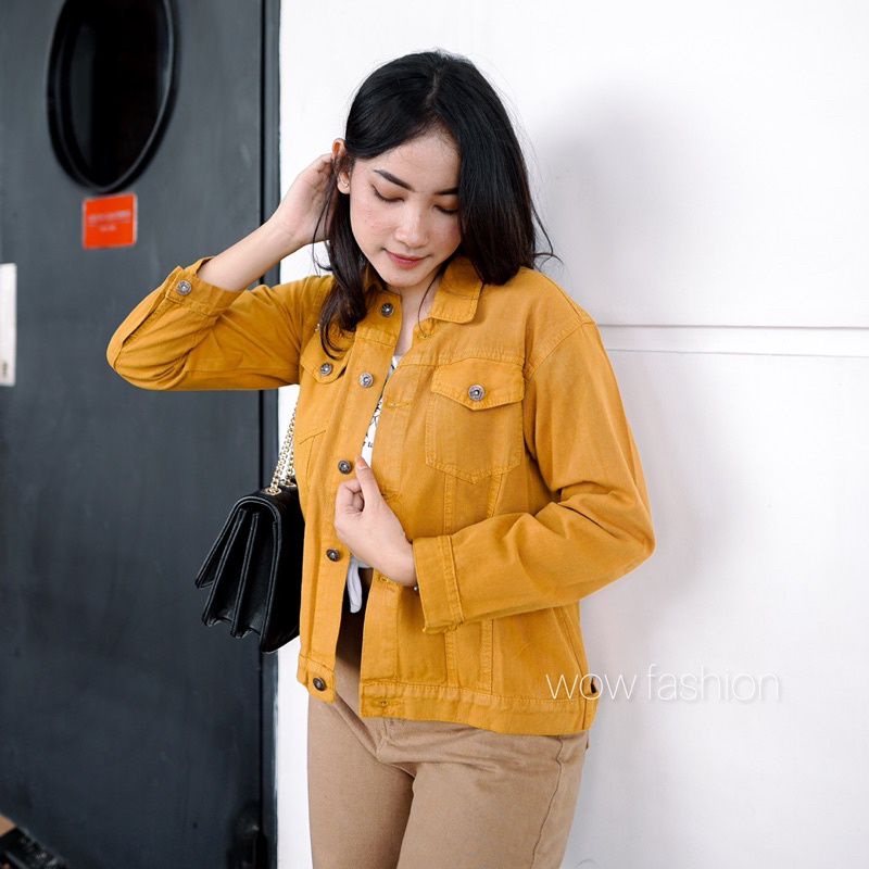JAKET BIONDY CROP JEANS DENIM JAKET WANITA TERBARU MURAH JAKET CEWEK JINS BIONDY-Mustard
