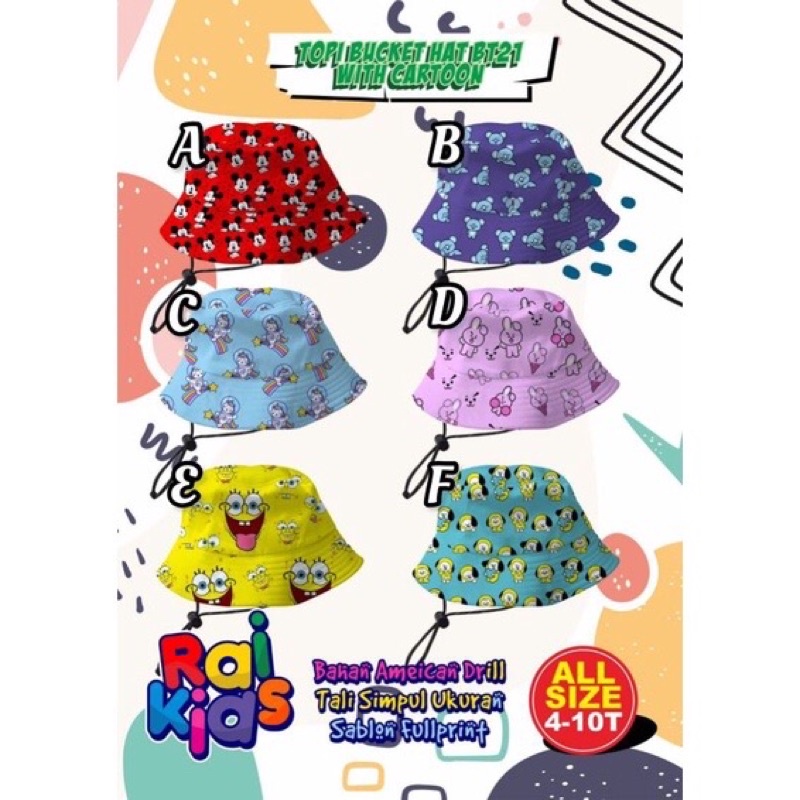 Bucket Hat BT21 / BTS Character 4-10T Raikids Topi bucket hat Hokkids