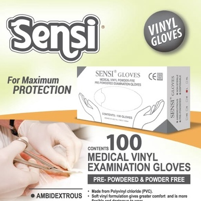 SARUNG TANGAN VINYL TRANSPARAN PRE-POWDERED SENSI GLOVES ISI 100 PER BOX