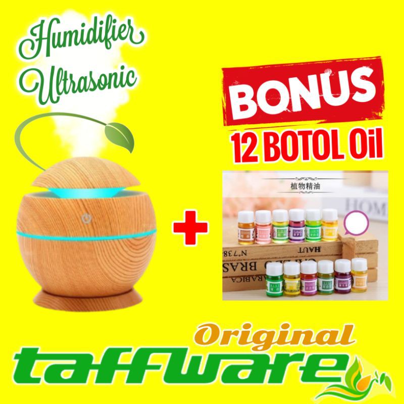 Air Humidifier Diffuser Aromatherapy Aromaterapi Disfuser Taffware Pelembab Pewangi Ruangan 130ml-Coklat Muda + 12 Oil