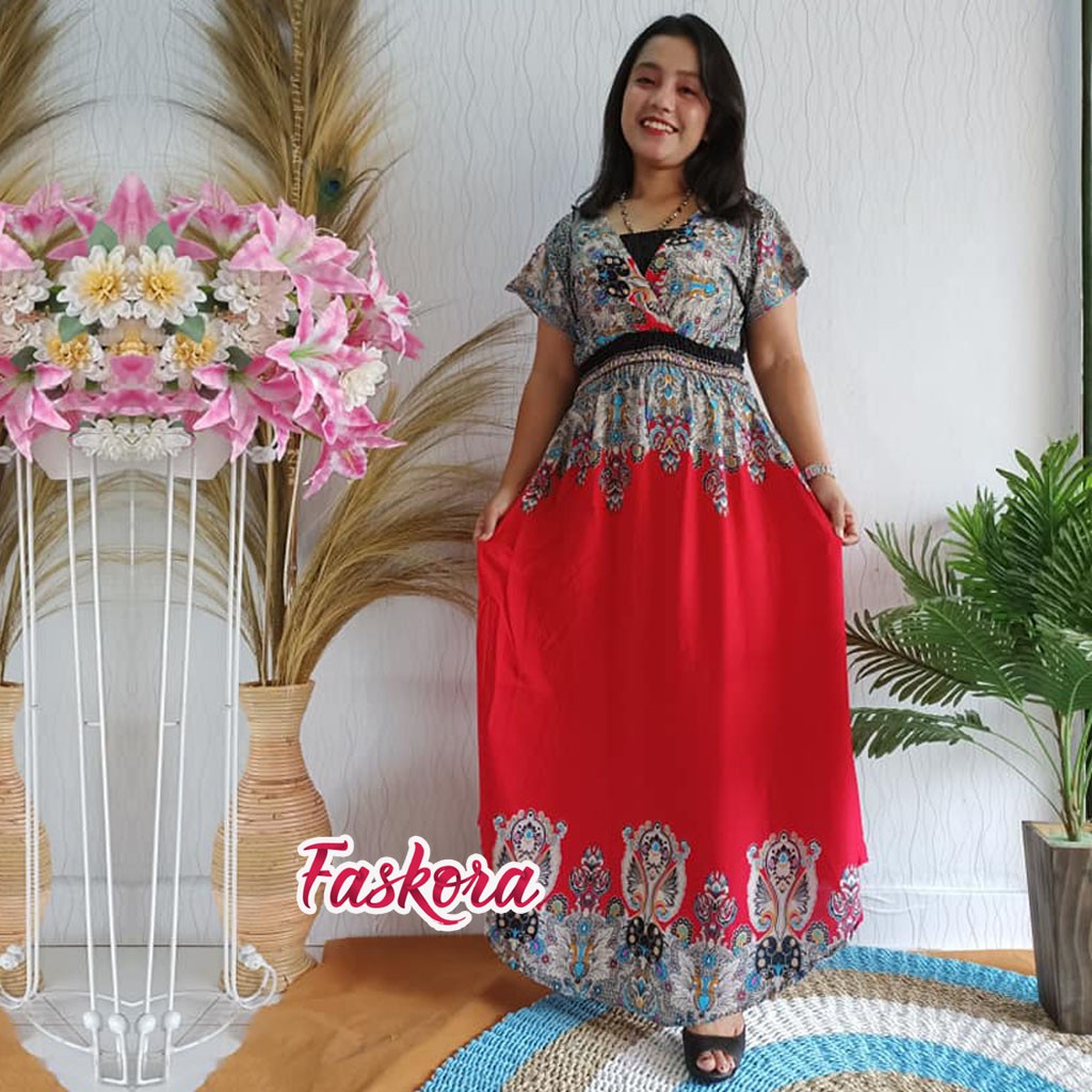 Long dress Jumbo Lengan Pendek Etnik Bali - Dress Bali Panjang Polos Tiedye Murah Terbaru