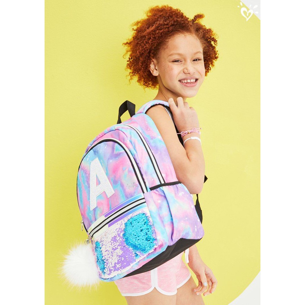 Galaxy Backpack Sekolah Justice Anak Perempuan Tas Ransel Flip Sequin Inisial A C D J K M N R S Ori