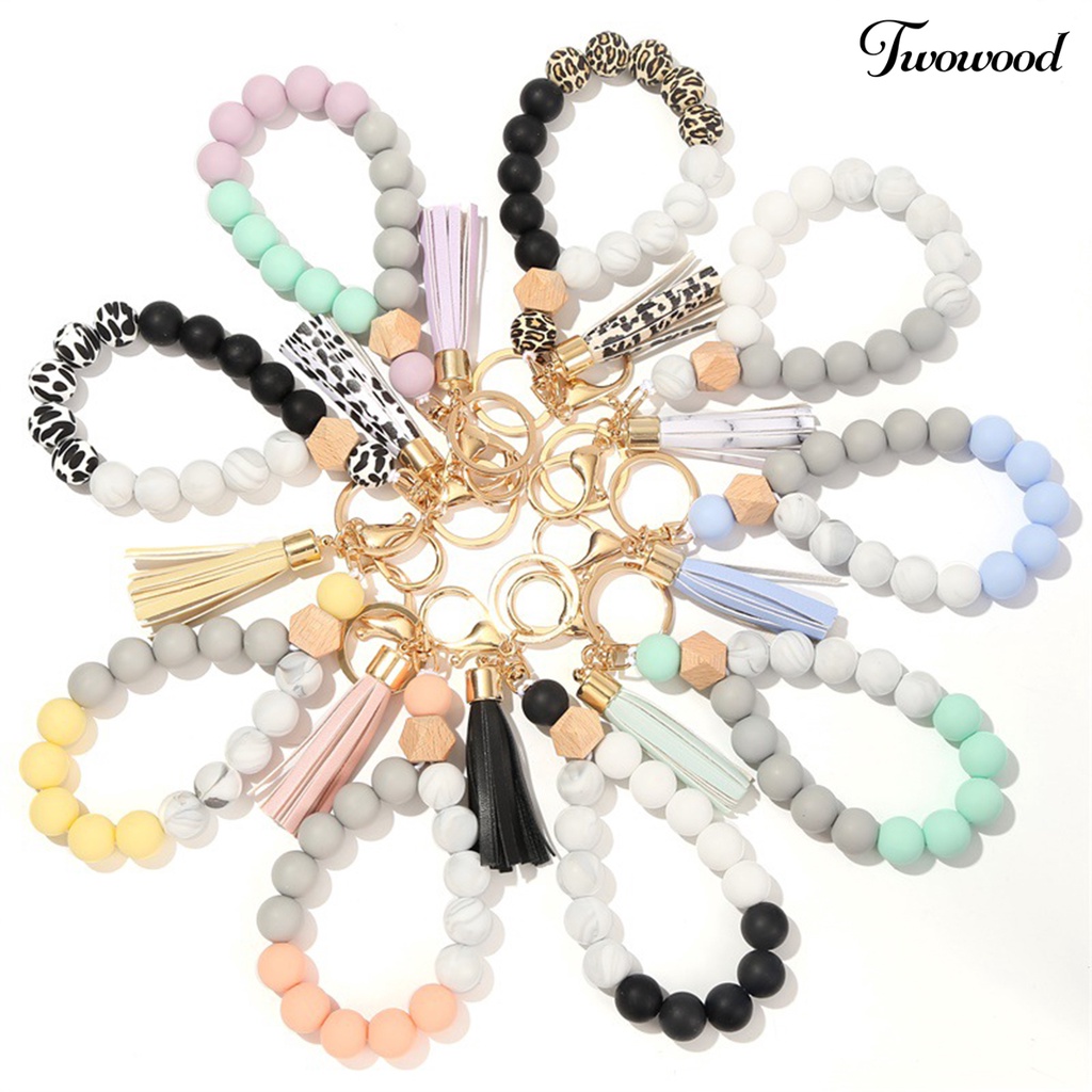 Twowood Bracelet Keyring Decorative Stretchy Beaded Portable Bangle Wristlet Keychains for Women