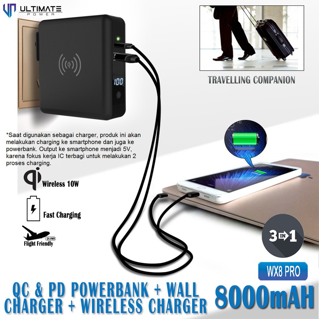 Adapter Charger QC PD UltimatePower WX8 Pro 3in1 Powerbank + Wall Charger + Wireless Charger 8000mAh