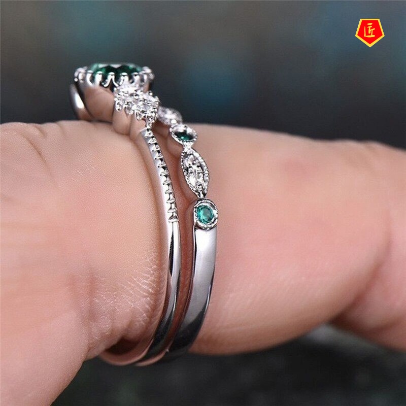 [Ready Stock]Inlaid Emerald Zircon Ring Female European and American Fashion