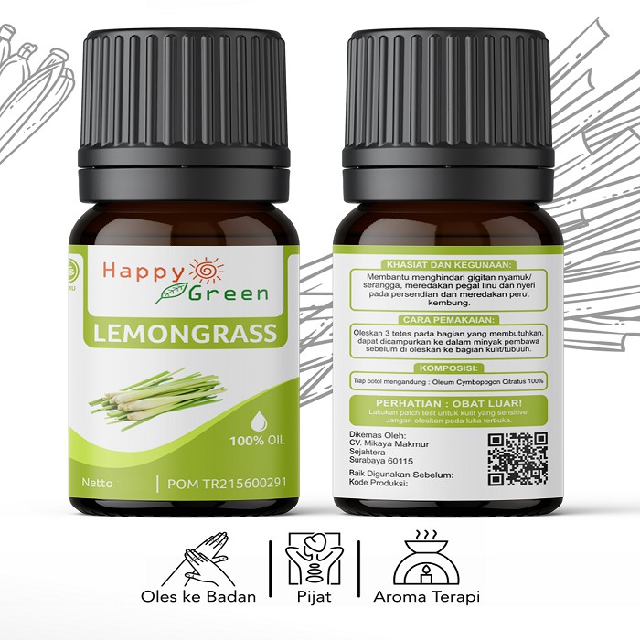 BPOM Happy Green Lemongrass Essential Oil - Minyak Sereh Dapur 100% Pure Murni Garansi Uang Kembali