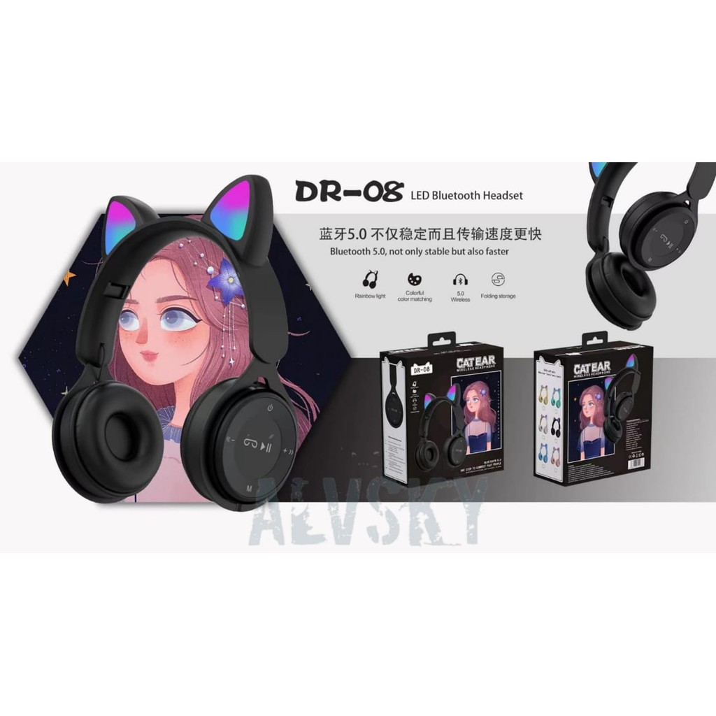 HEADPHONE BLUETOOTH MODEL TELINGA KUCING LED WIRELESS STEREO BASS - EAR CAT MICROPHONE