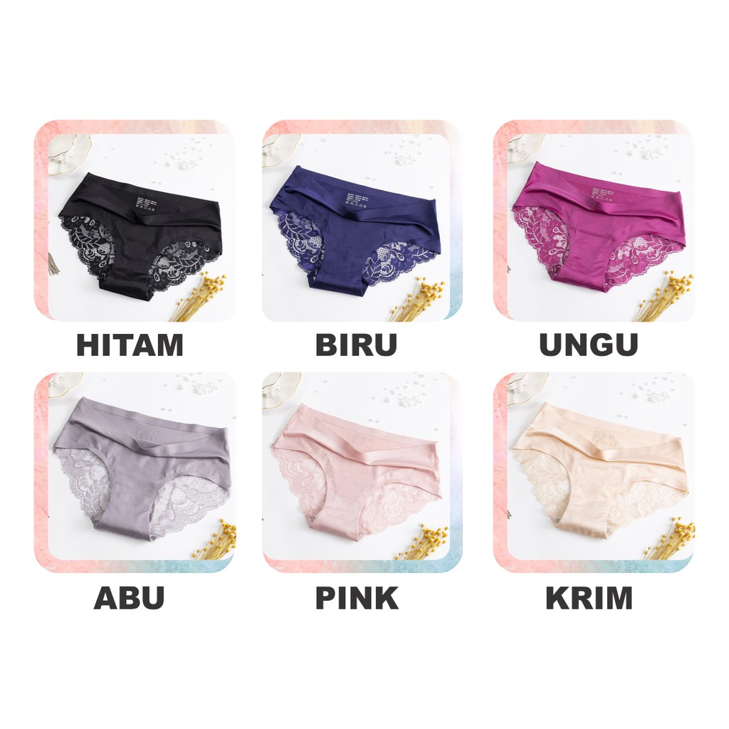 ❀ Chingu ❀ PW023 COD Celana Dalam Renda Ice Silk Sutra Brief Seamless Underwear CD Wanita Lace Sexy