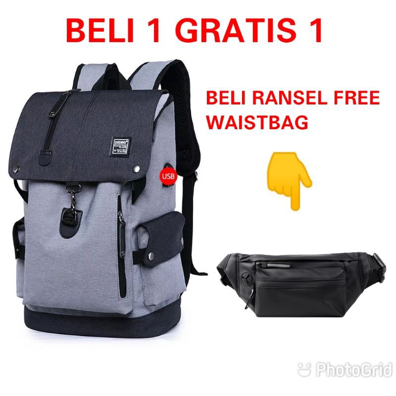 JS_BUY 1 GET 1 - Tas Ransel Pria Beli Ransel Punggung Backpack Cowok Free Waistbag