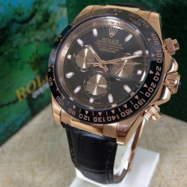 Jam Tangan Rolex Daytona Black RoseGold Automatic Japan Miyota Kulit