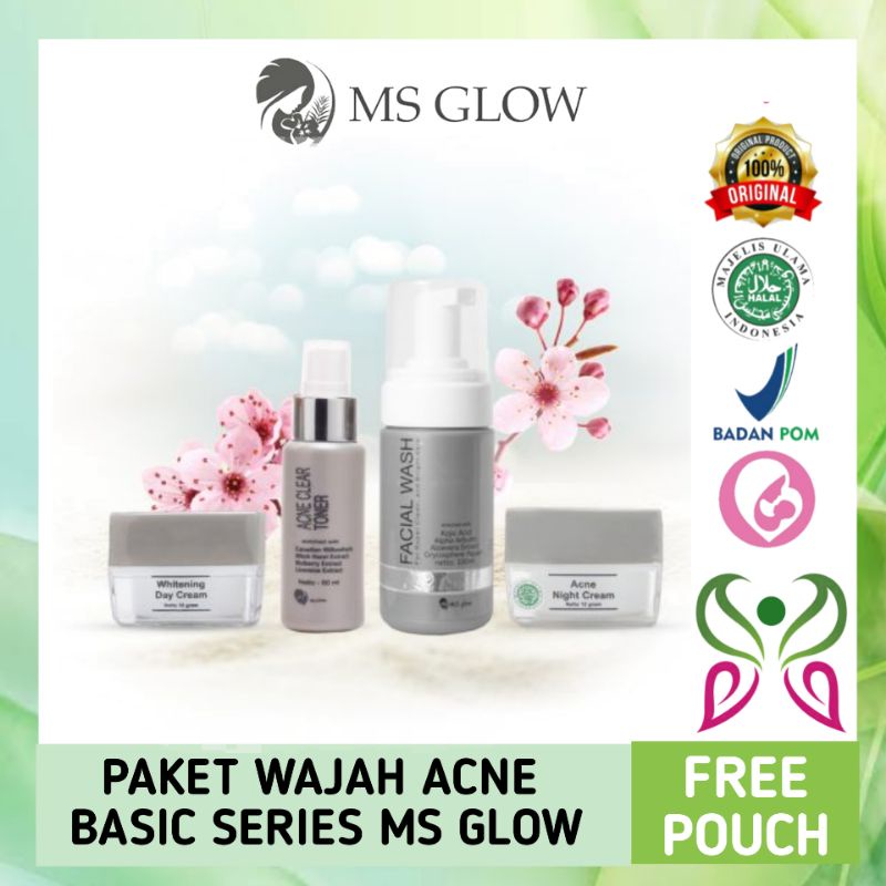 MS GLOW PAKET WAJAH BASIC ACNE SERIES ORIGINAL BPOM | Day Cream Whitening | Acne Night Cream | Facia