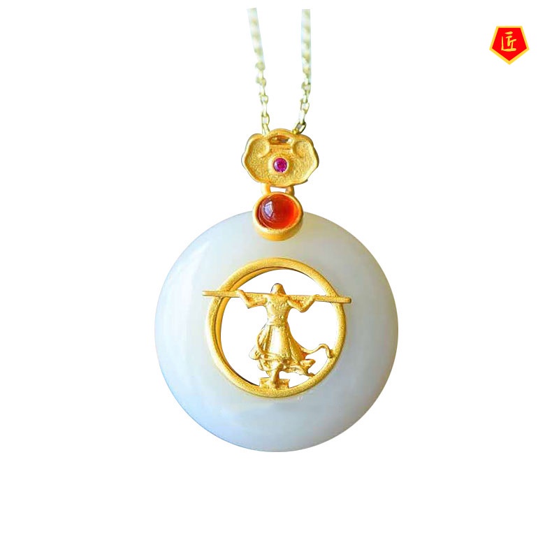 [Ready Stock]Hetian White Jade Golden Hoop Rod Pendant Vintage