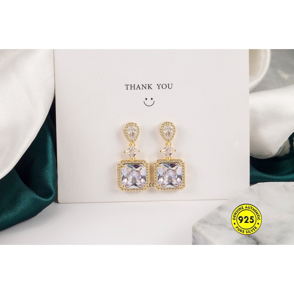 Anting Bahan Sterling Silver 18K Gold Bentuk Persegi Aksen Zircon