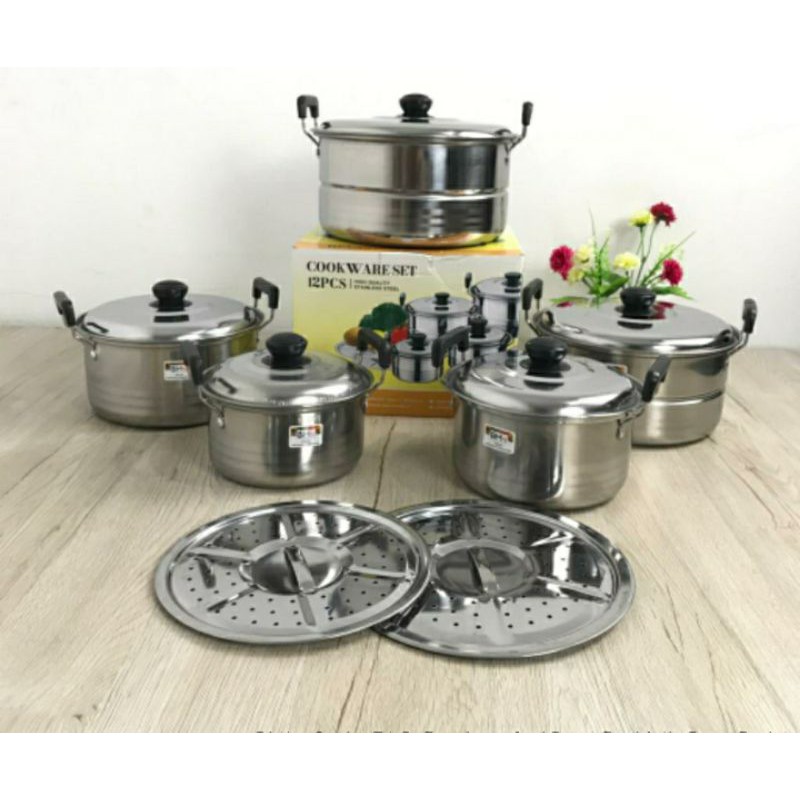 Panci Cookware Set Steamer 12 Pcs Tutup Stainless BMW 168S