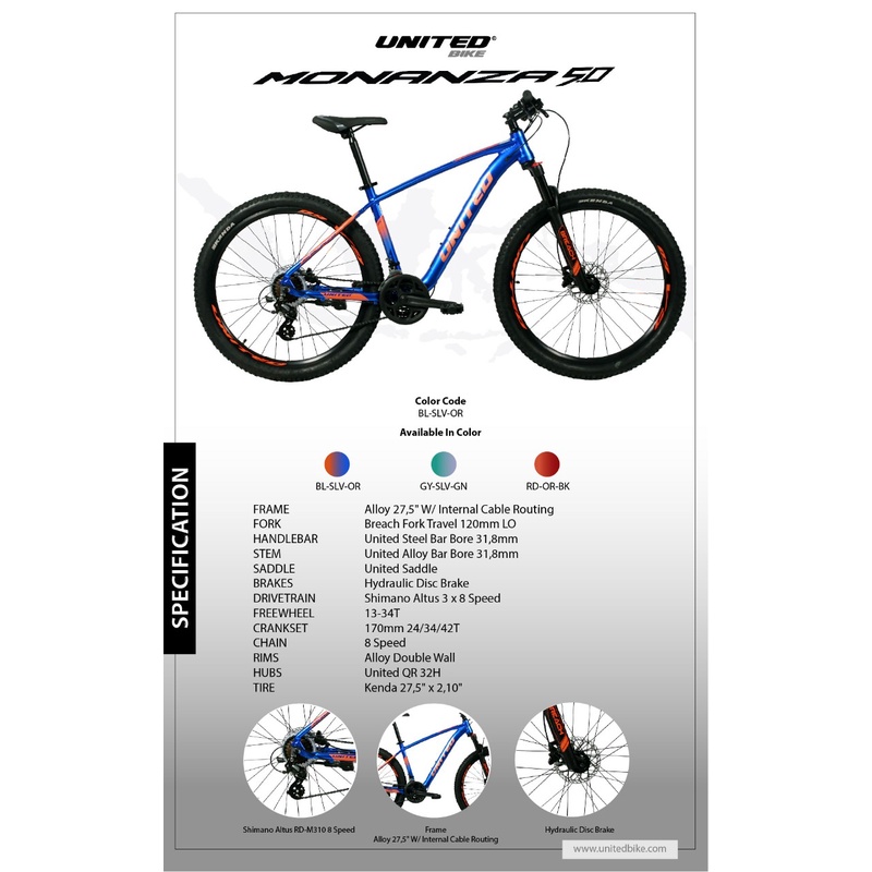 SEPEDA GUNUNG MTB 27.5 INCH UNITED MONANZA 5.0 NEW FREE TEMPAT BOTOL BEL KUBAH DAN SARUNG TANGAN