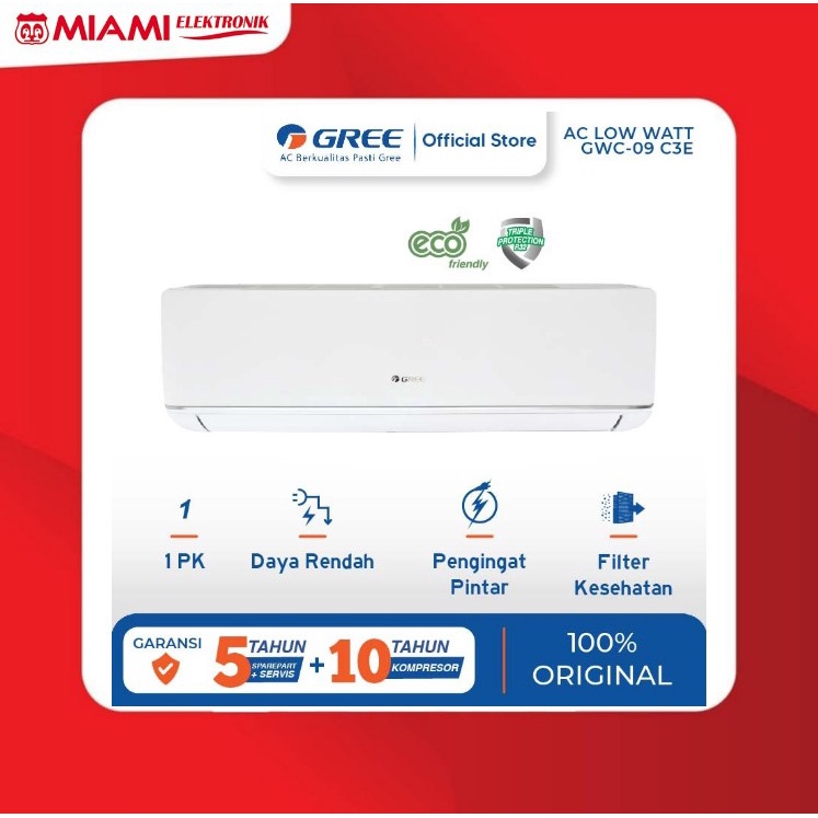 AC Gree GWC09C3ES GWC-09C3ES 1PK Low Watt Garansi Resmi