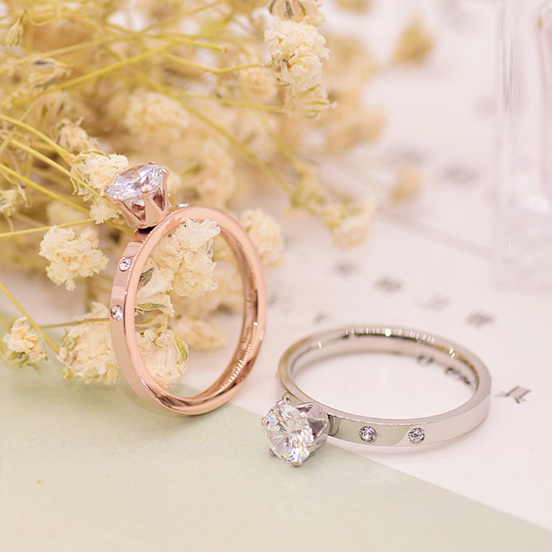 Cincin Berlian Imitasi Bahan Titanium Warna Rose Gold Untuk Wanita-Won