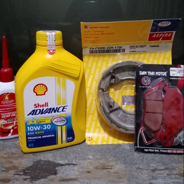 Paket kampas depan belakang Mio smile+ oli shell ax5 matic SAE 10-30W 800Ml+ gardan petroasia 120ml