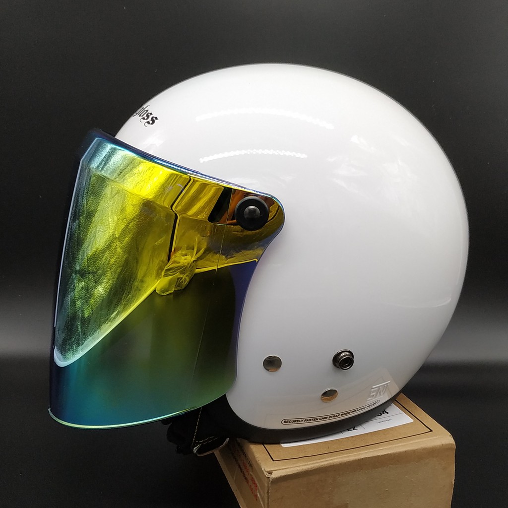 Helm Cargloss Retro Super Whity White Glossy + Kaca Snail Iridium Gold