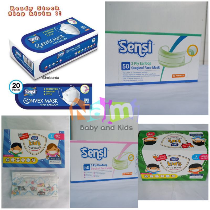 ORIGINAL Sensi Surgical Face Mask Earloop Headloop 50 / Masker Kids Anak 40 / Convex 4 ply 20pc