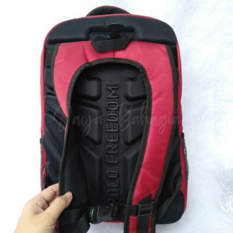 Ransel Laptop Wanita Polo Freedom Merah Tas Sekolah Kuliah Kerja Emboss Belakang Tebal