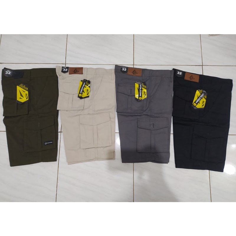 Celana cargo pendek volcom cowok pria ukuran 27 sampai 38 hitam abu cream hijau army