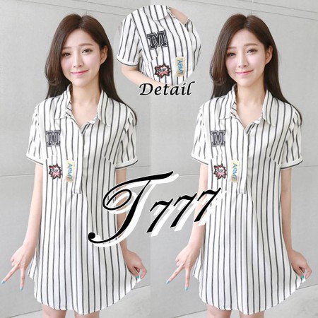 PAKAIAN WANITA KEMEJA PANJANG CASUAL GARIS STRIPE PUTIH HITAM LOGO M