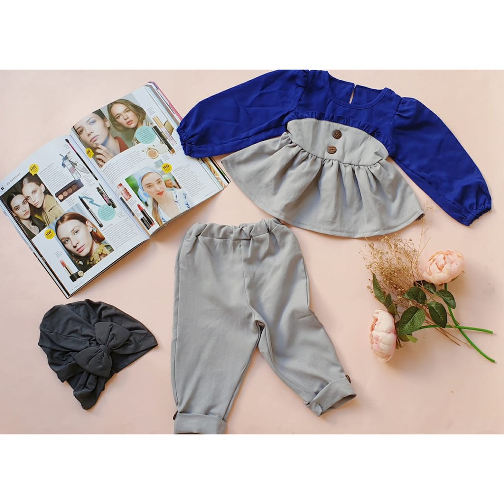 1 set gamis raya Biru Elektrik ( atasan + celana + turban)