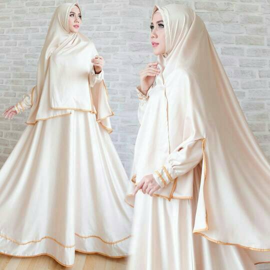 TERLARIS SALE  MURAH  Set gamis saten mewah gamis umbrella polos gamis pesta - Cream
