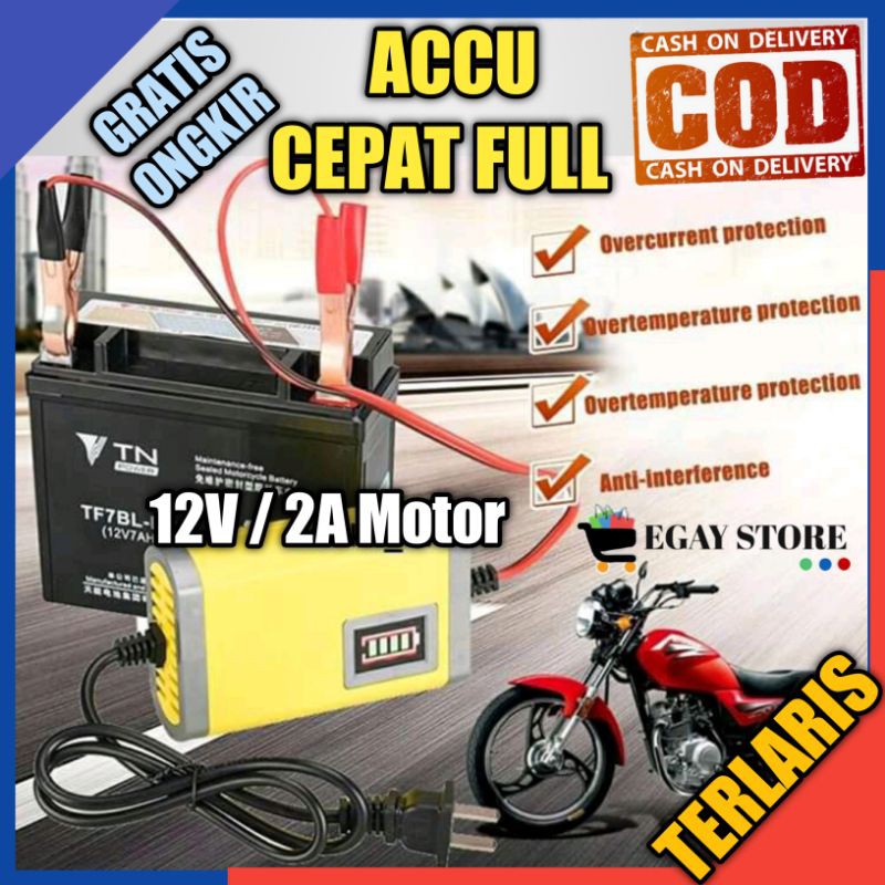 Charger Accu Motor 2A 12V Casan Aki LED Portable Alat Pengisi Battery Baterai Batre Perawatan Motor