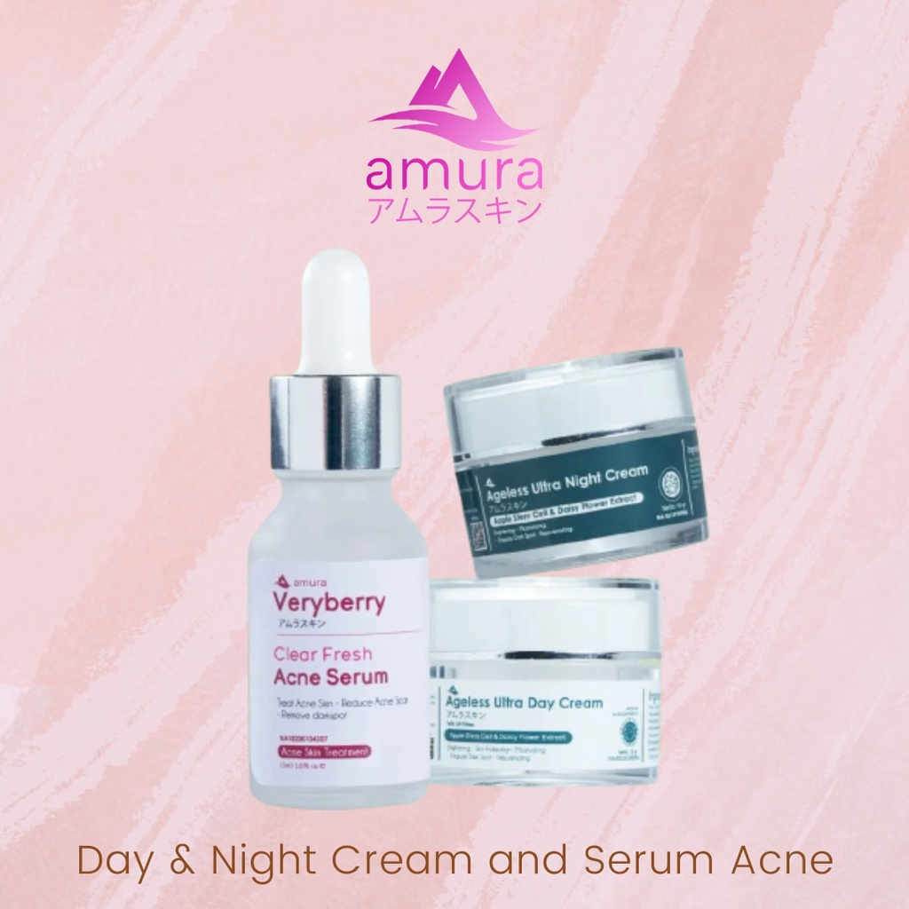 Amura 3in 1 Day Night Cream dan Serum Acne Paket Anti Jerawat