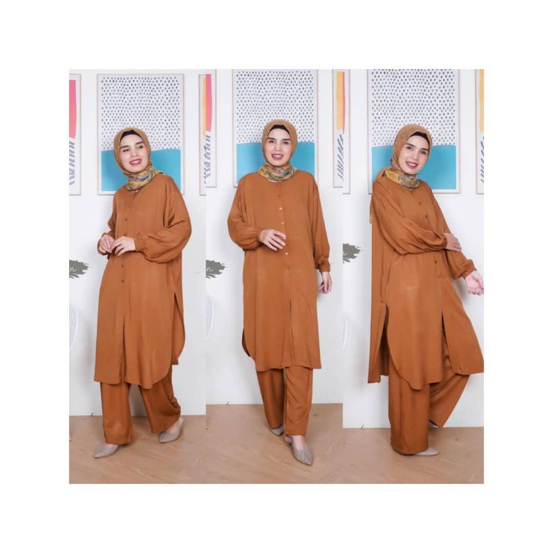 Setelan tunik polos jumbo up to 95kg one set jumbo coklat