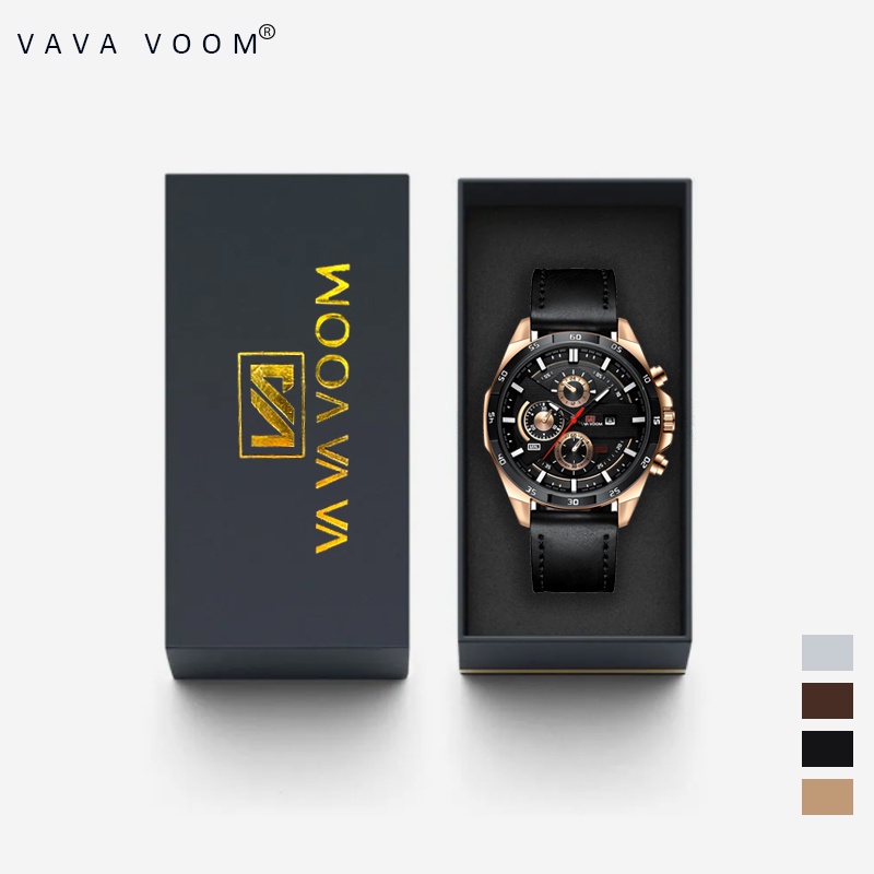 VA VA VOOM 216 Jam Tangan Pria Kulit Stainless Steel Analog Quartz Original Tahan Air Watch + Kotak 