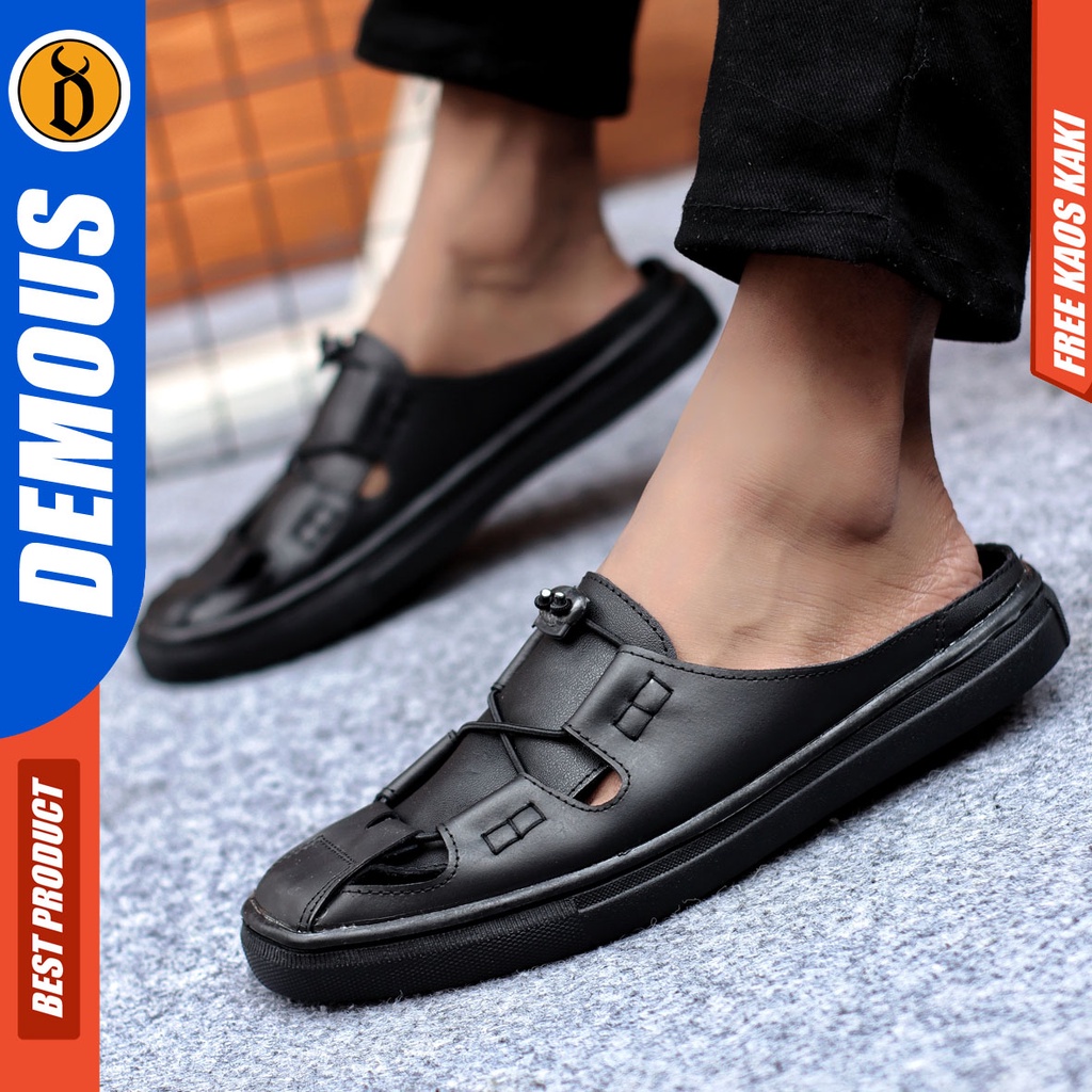 Sepatu Sandal Pria Kulit Asli Sendal Bustong Slop Hitam DEMOUS LANA