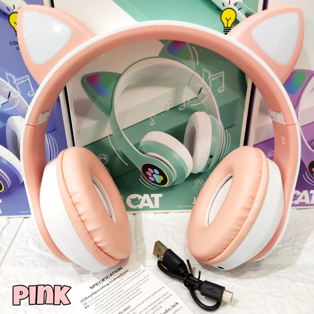 HeadPhone / Headset Kucing - Wireless JST28 Telinga Kucing Lampu