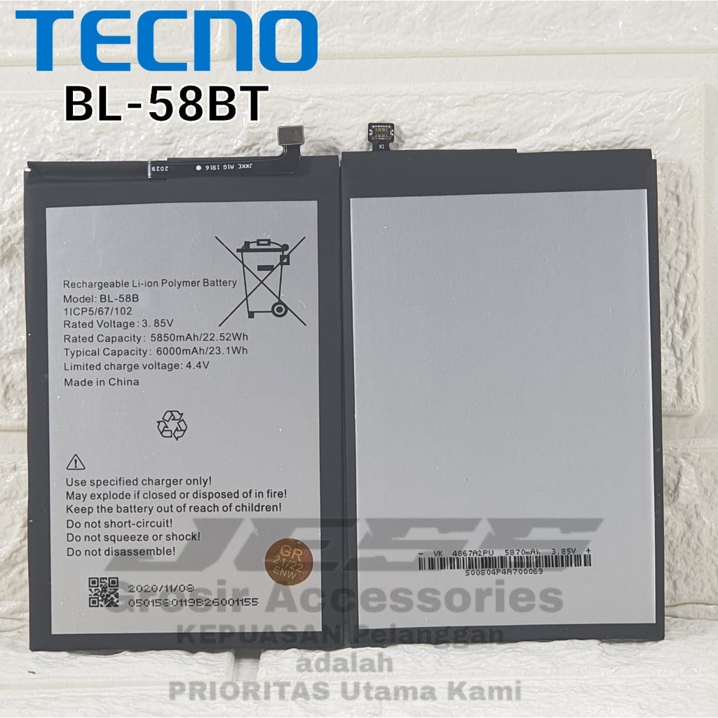 Baterai Original Tecno Pouvoir 4 LC7 &amp; Tecno Pouvoir 4 Pro LC8 Kode Battery BL-58BT BL58BT