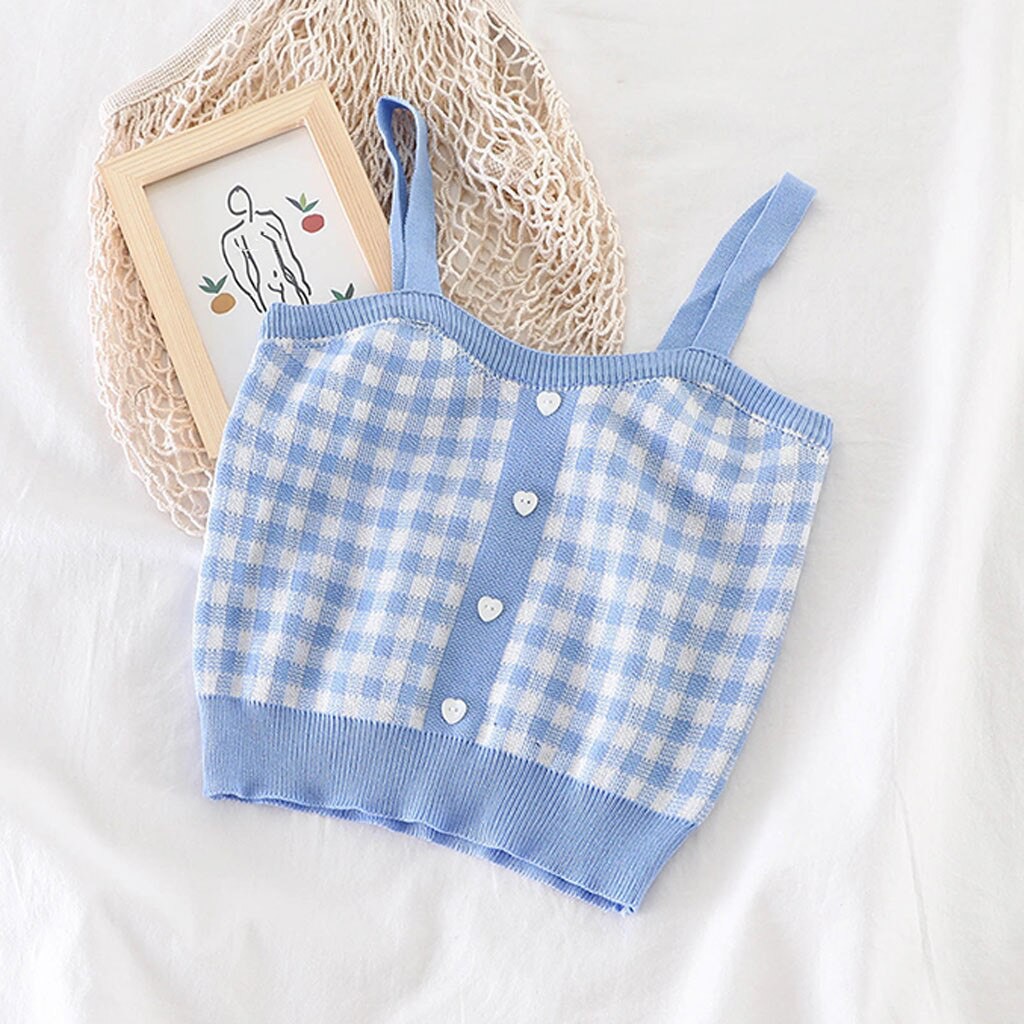 Korean Square Knit Crop Tank Top Wanita Motif Kotak - Kotak C053-Blue