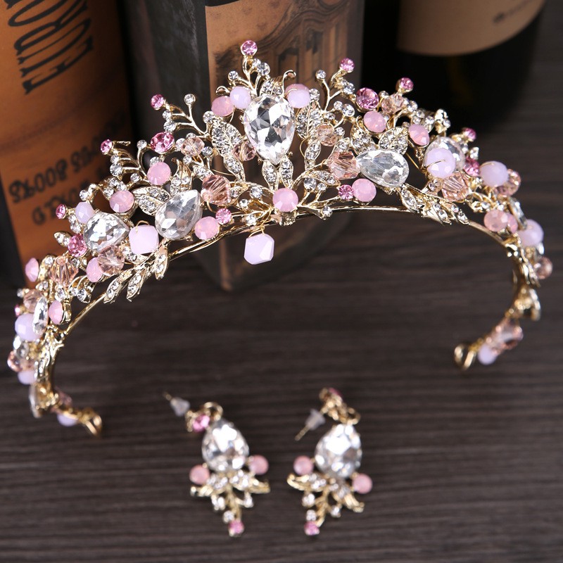 Deartiara Set Bando Tiara Handmade+Anting Tusuk Desain Kristal Warna Emas Pink Untuk Wedding