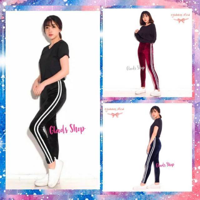 Celana Legging VELVET STRIPE Import • Legging Bludru Fashion Wanita Terlaris