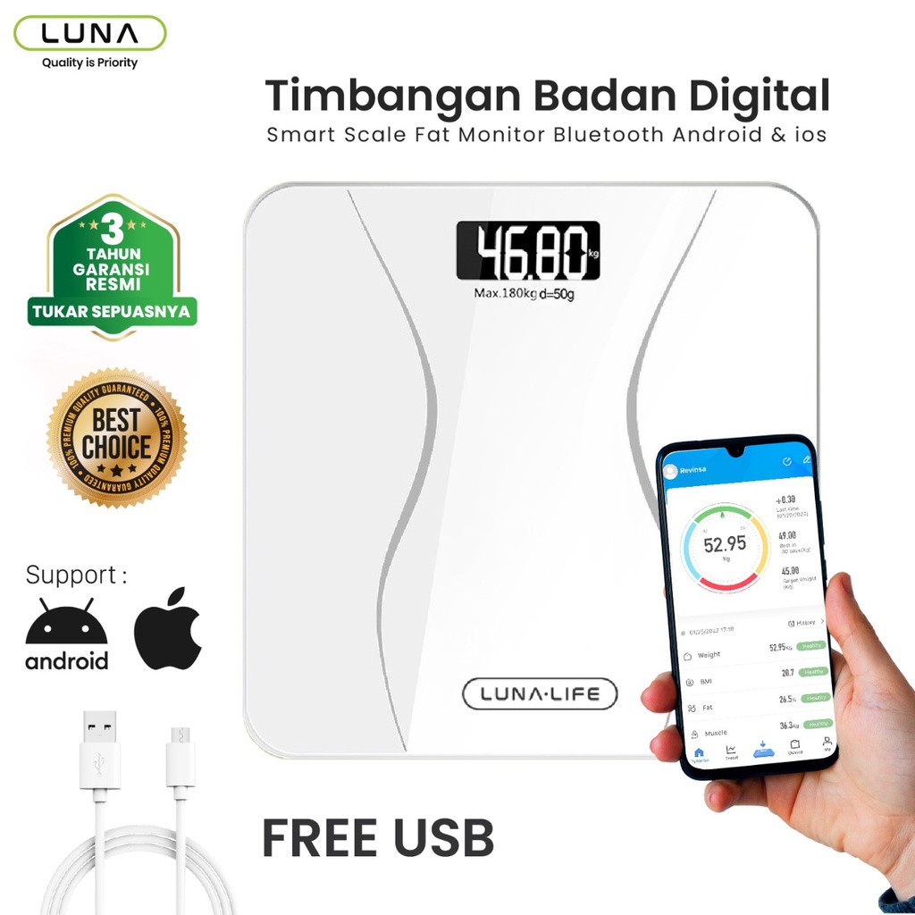 LunaLife Smart Digital Body Fat Scale / Timbangan Badan Pintar Digital with App