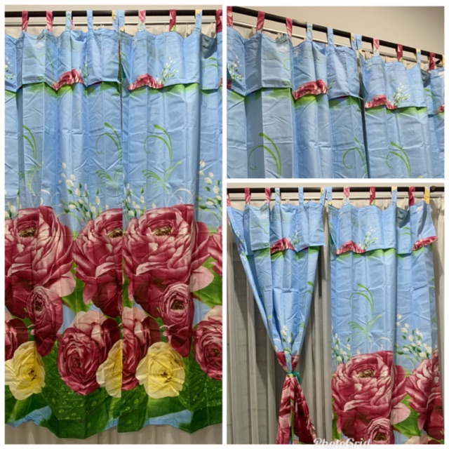 [ PINTU DAN JENDELA ] GORDEN TALI + PONI MOTIF BUNGA MAWAR MAROON DASAR BIRU MUDA