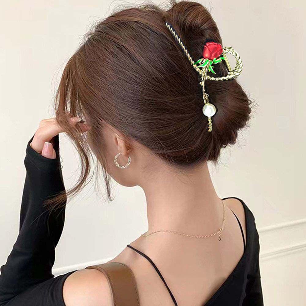 Needway   Perempuan Jepit Rambut Trendi Retro Mutiara Mawar Besar Bagian Belakang Kepala Hair Crab Clip