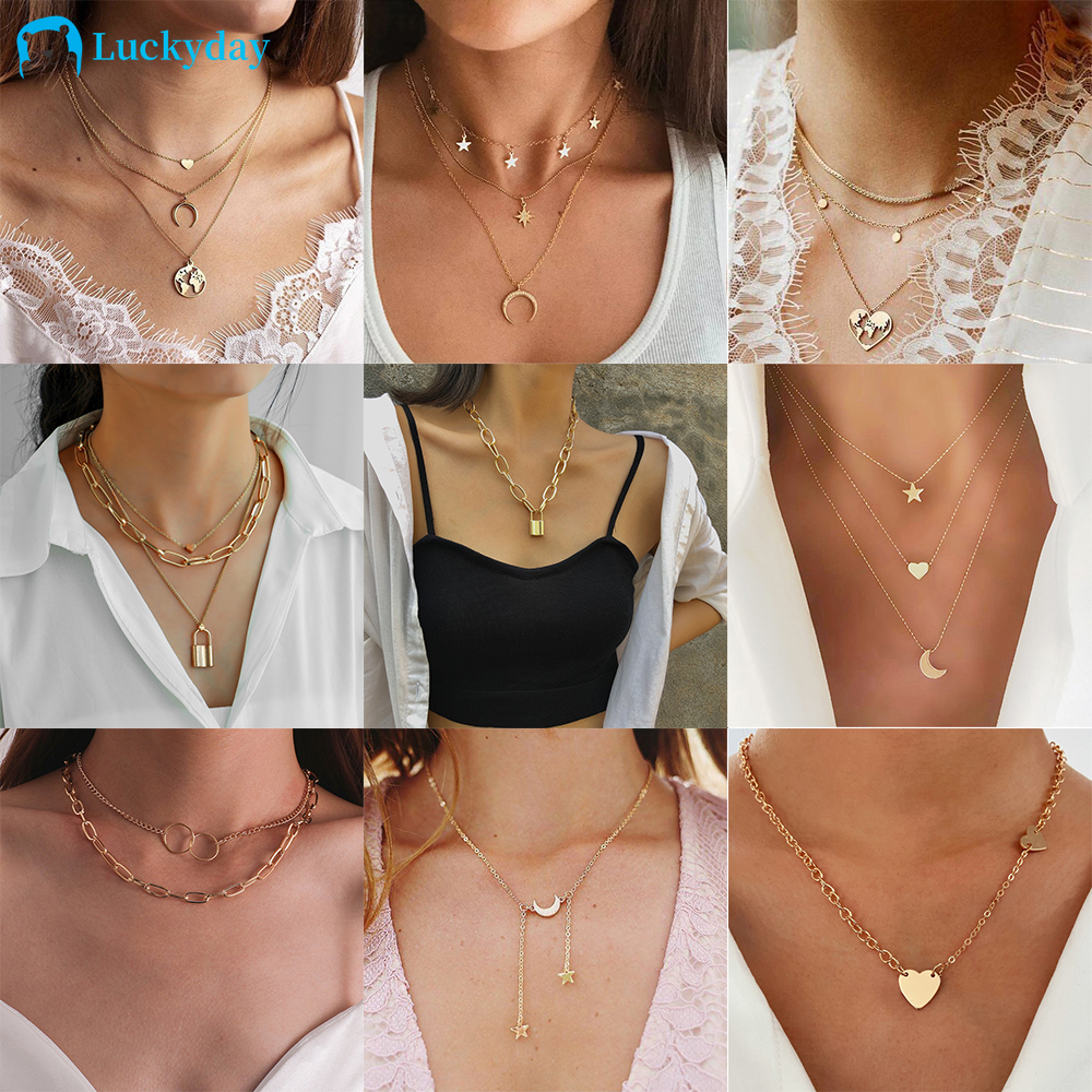 YEEZII Fashion Retro Letter Heart Map Lock Multilayer Necklace Bohemian Gold Necklaces Personality Pendant Multilayer Chain Choker Jewelry Accessories