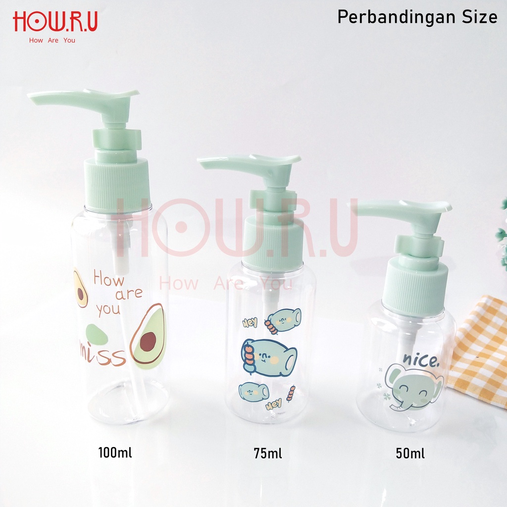 HOW.R.U | 50 - 75 - 100ml - Botol Pump Tuas Besar Motif Karakter Lucu / PET / Tebal / Import / Tempat Disinfektan / Lotion / Cream