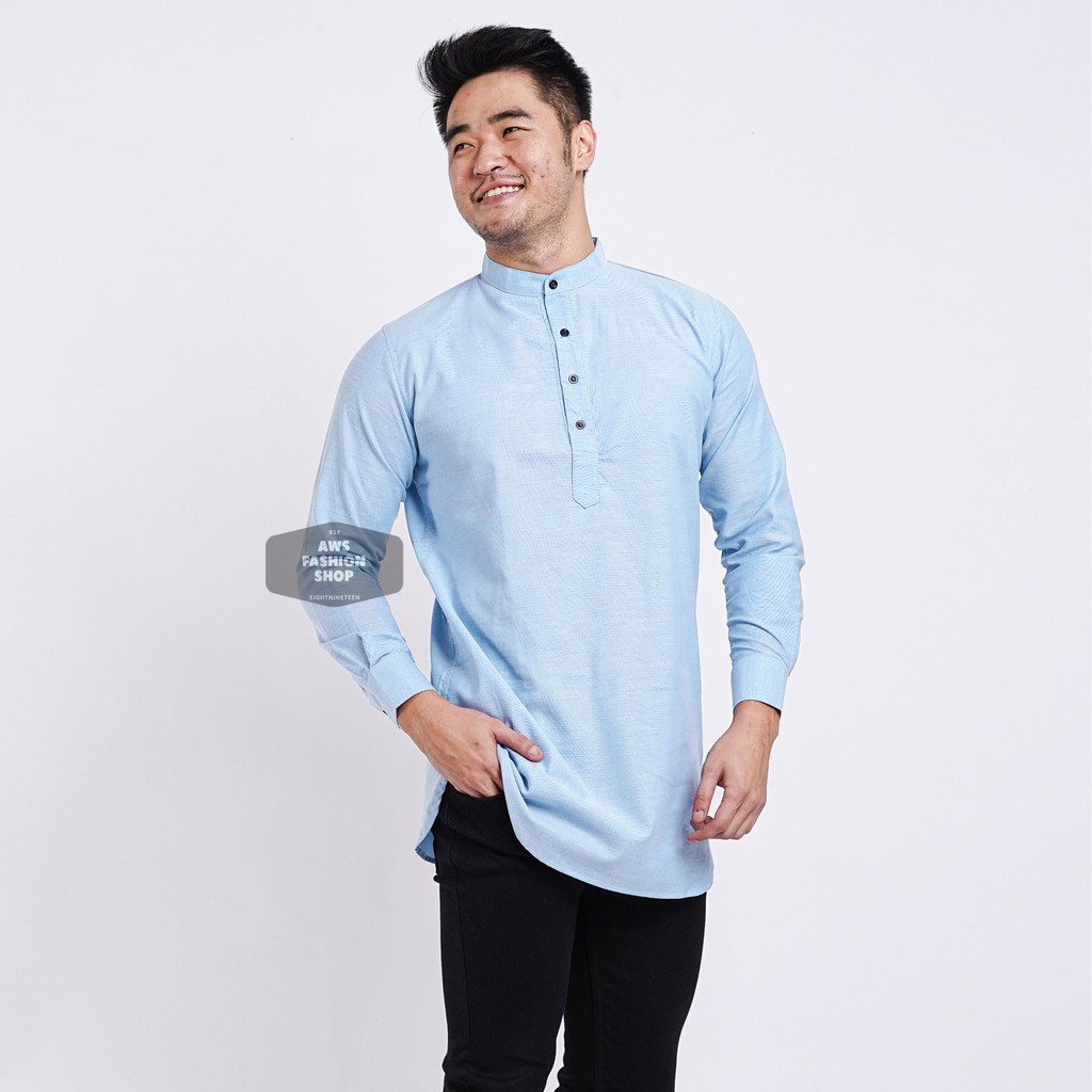 Baju Koko Lengan Panjang Kemeja Kurta Pria Cowok Biru Muda Polos Kerah Shanghai Ada Big Size