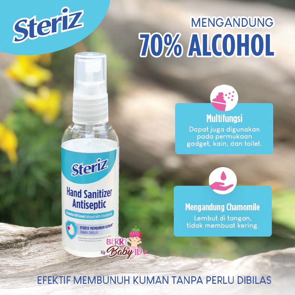 Steriz Hand Sanitizer Spray Antiseptic Floral &amp; Essential Oil 60ml Berry Mart