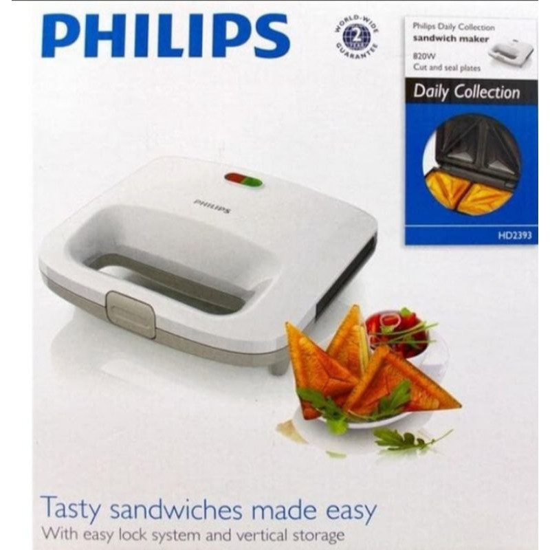 Philips HD2393|02 Sandwich Maker - Pemanggang Roti 2 Slot, Putih