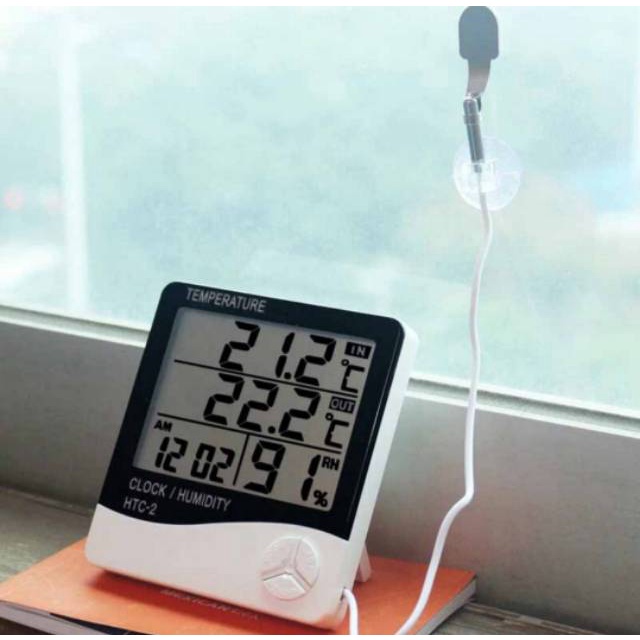HTC2 Termometer Suhu Higrometer Clock Temperatur Humidity Meter Kelembapan Ruangan Kantor HTC 2