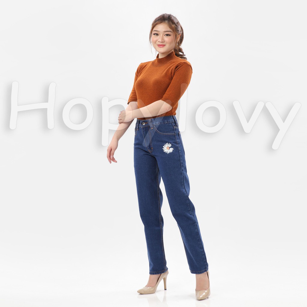 HOPYLOVY Celana Boyfriend Jeans Wanita Ellin Daisy Flower Print